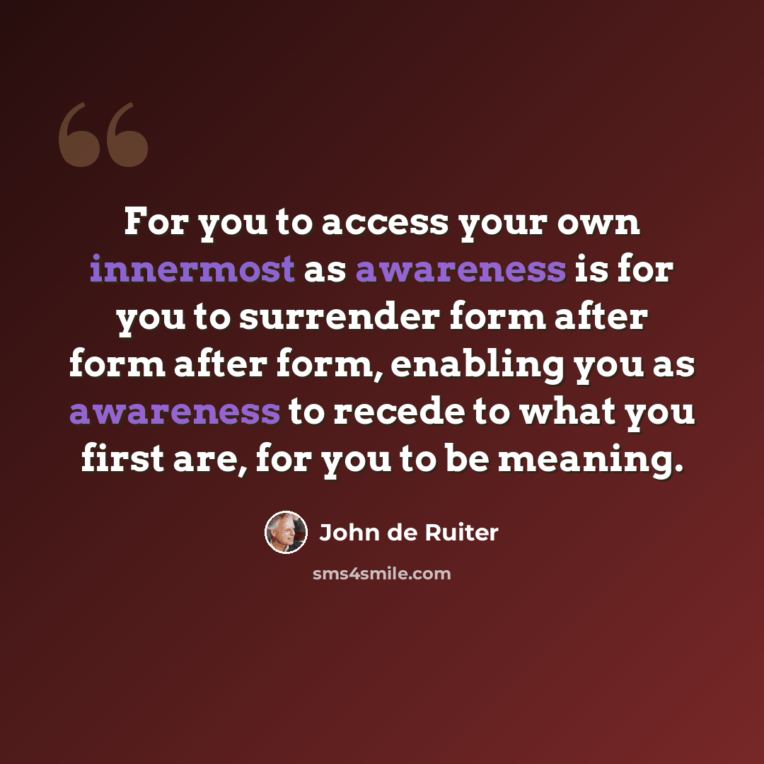 “For you to access your own innermost as awareness is for you to surrender form after form after form, enabling you as awareness to recede to what you first are, for you to be meaning.” quote by John de Ruiter