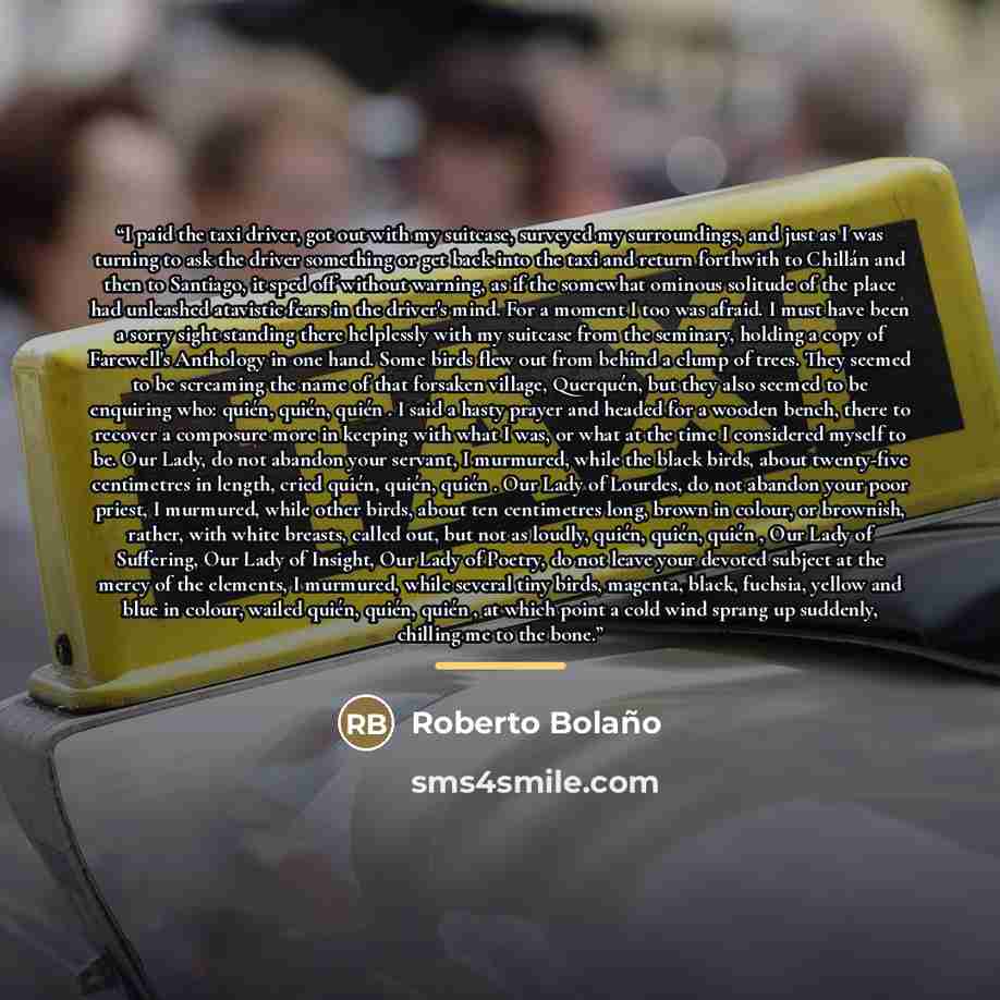 “I paid the taxi driver, got out with my suitcase, surveyed my surroundings, and just as I was turning to ask the driver something or get back into the taxi and return forthwith to Chillán and then to Santiago, it sped off without warning, as if the somewhat ominous solitude of the place had…” quote by Roberto Bolaño