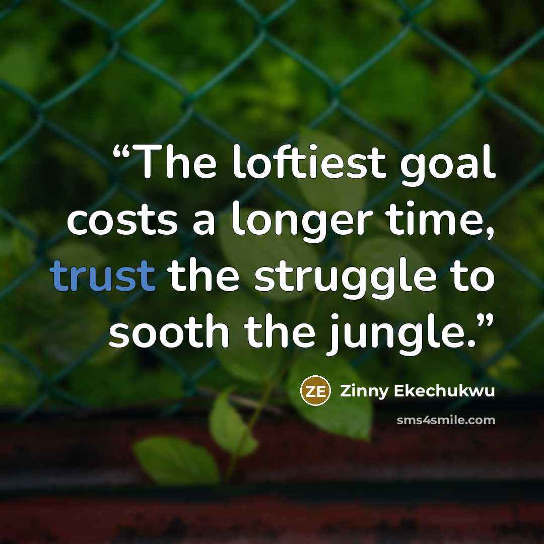 “The loftiest goal costs a longer time, trust the struggle to sooth the jungle.” quote by Zinny Ekechukwu