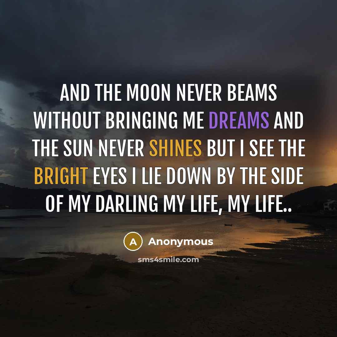 “And the moon never beams Without bringing me dreams And the sun never shines But I see the bright eyes I lie down by the side Of my darling My life, my life..” quote by Anonymous