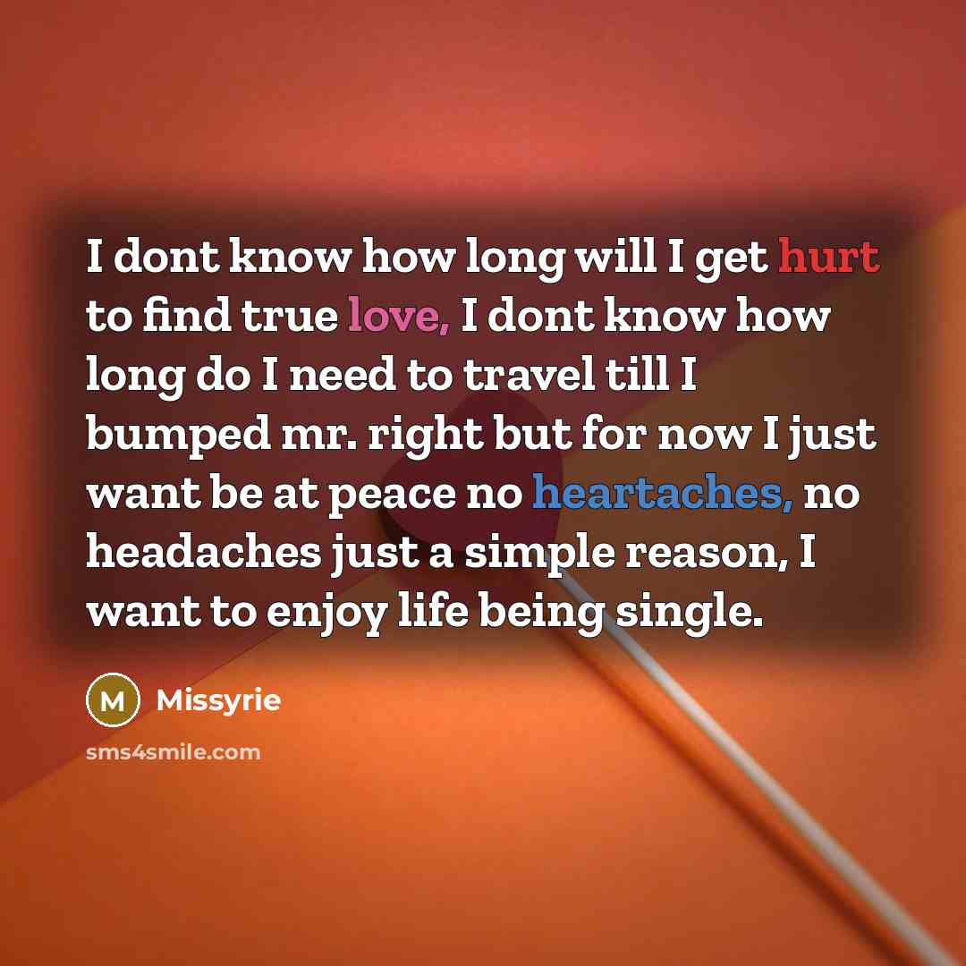 “I dont know how long will I get hurt to find true love, I dont know how long do I need to travel till I bumped mr. right but for now I just want be at peace no heartaches, no headaches just a simple reason, I want to enjoy life being single.” quote by Missyrie
