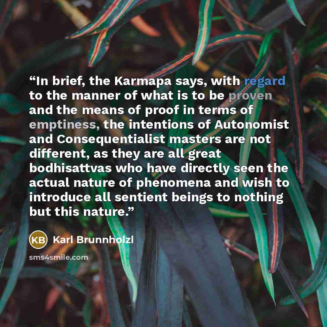 “In brief, the Karmapa says, with regard to the manner of what is to be proven and the means of proof in terms of emptiness, the intentions of Autonomist and Consequentialist masters are not different, as they are all great bodhisattvas who have directly seen the actual nature of phenomena and wish…” quote by Karl Brunnholzl