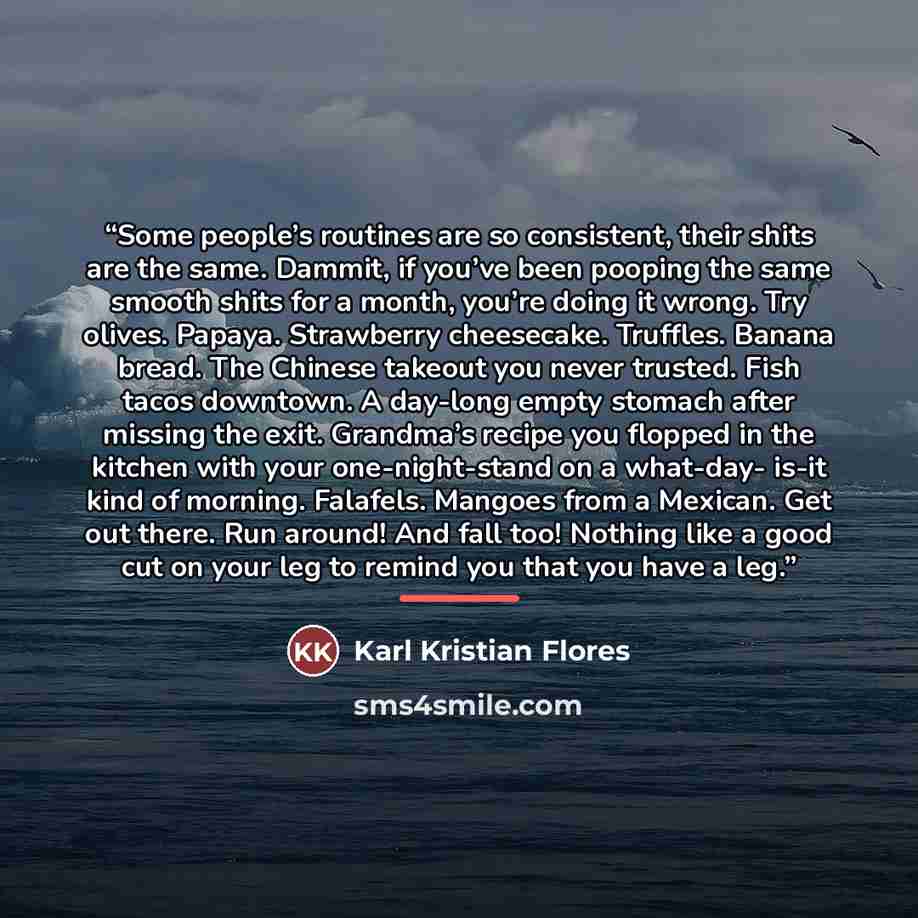 “Some people’s routines are so consistent, their shits are the same. Dammit, if you’ve been pooping the same smooth shits for a month, you’re doing it wrong. Try olives. Papaya. Strawberry cheesecake. Truffles. Banana bread. The Chinese takeout you never trusted. Fish tacos downtown. A day-long…” quote by Karl Kristian Flores