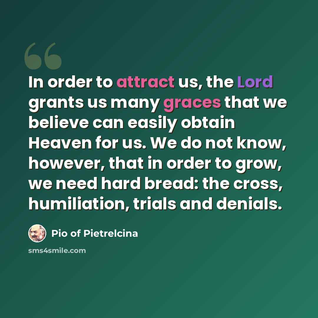 “In order to attract us, the Lord grants us many graces that we believe can easily obtain Heaven for us. We do not know, however, that in order to grow, we need hard bread: the cross, humiliation, trials and denials.” quote by Pio of Pietrelcina