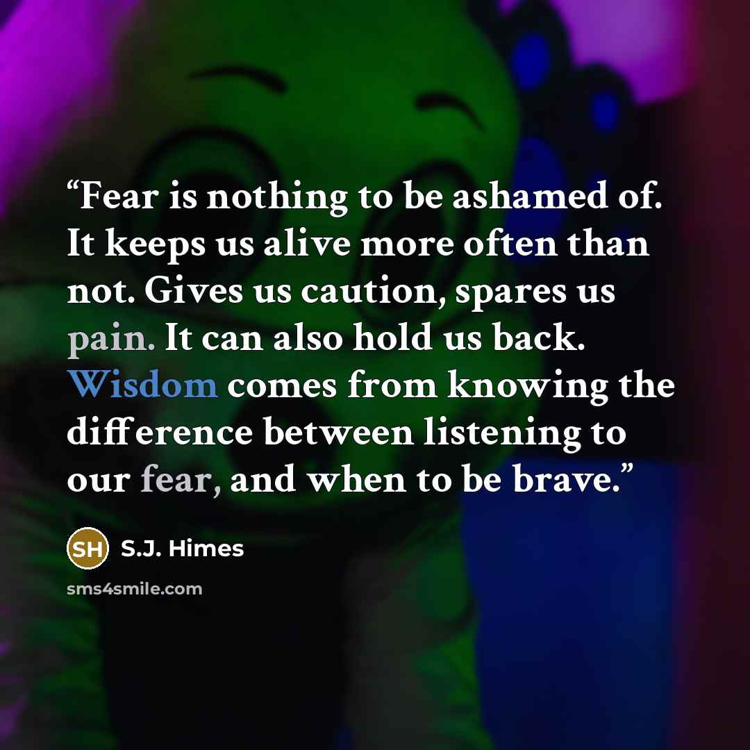“Fear is nothing to be ashamed of. It keeps us alive more often than not. Gives us caution, spares us pain. It can also hold us back. Wisdom comes from knowing the difference between listening to our fear, and when to be brave.” quote by S.J. Himes