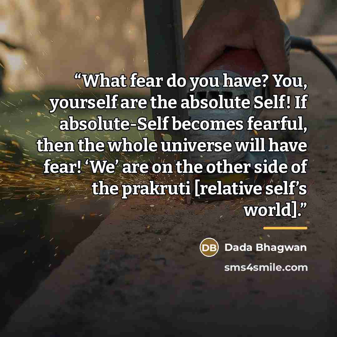 “What fear do you have? You, yourself are the absolute Self! If absolute-Self becomes fearful, then the whole universe will have fear! ‘We’ are on the other side of the prakruti [relative self’s world].” quote by Dada Bhagwan