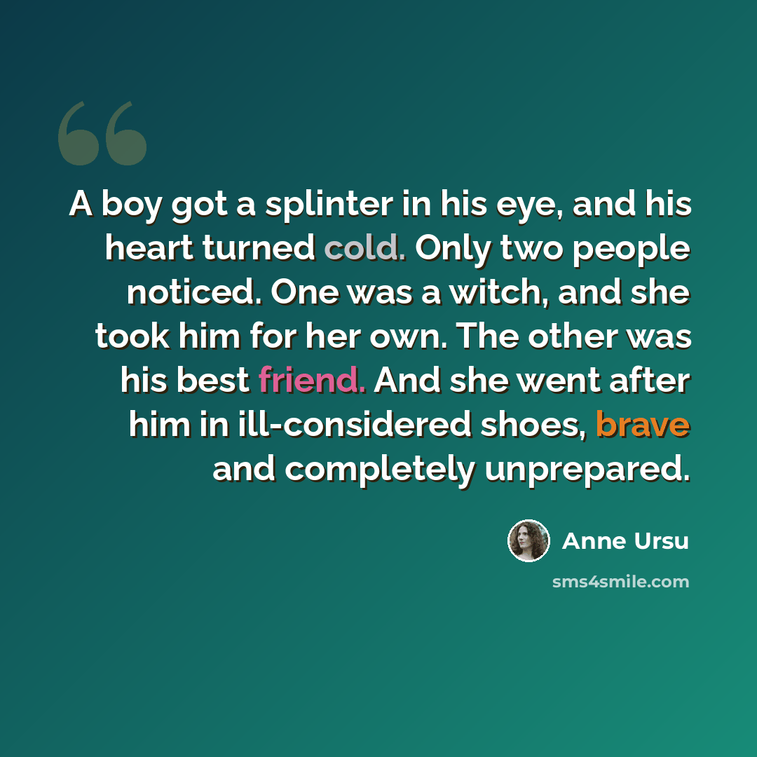 “A boy got a splinter in his eye, and his heart turned cold. Only two people noticed. One was a witch, and she took him for her own. The other was his best friend. And she went after him in ill-considered shoes, brave and completely unprepared.” quote by Anne Ursu