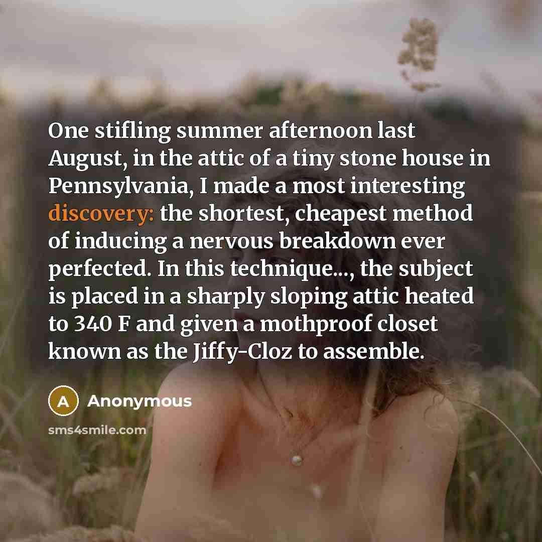 “One stifling summer afternoon last August, in the attic of a tiny stone house in Pennsylvania, I made a most interesting discovery: the shortest, cheapest method of inducing a nervous breakdown ever perfected. In this technique..., the subject is placed in a sharply sloping attic heated to 340 F…” quote by Anonymous
