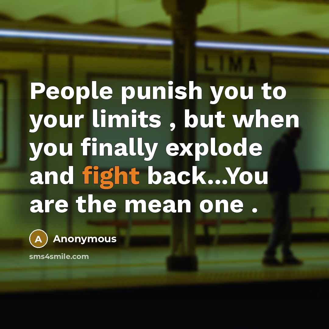 “People punish you to your limits , but when you finally explode and fight back...You are the mean one .” quote by Anonymous