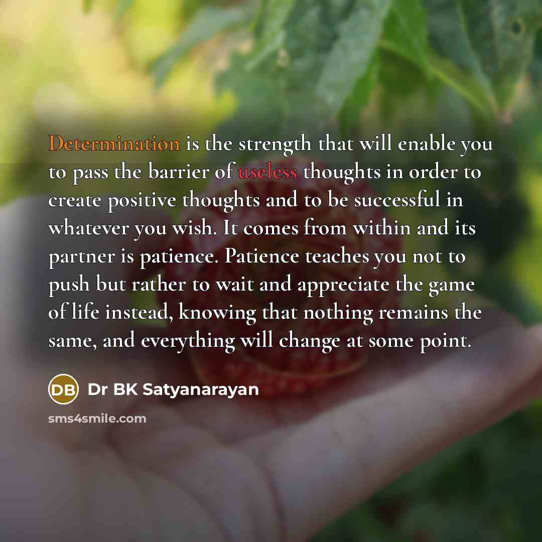“Determination is the strength that will enable you to pass the barrier of useless thoughts in order to create positive thoughts and to be successful in whatever you wish. It comes from within and its partner is patience. Patience teaches you not to push but rather to wait and appreciate the game…” quote by Dr BK Satyanarayan