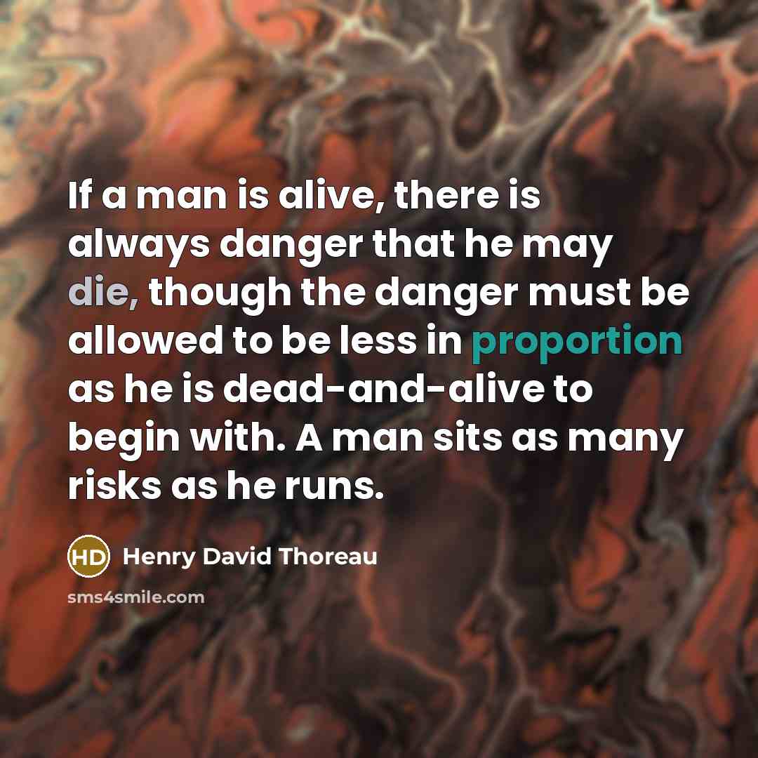 “If a man is alive, there is always danger that he may die, though the danger must be allowed to be less in proportion as he is dead-and-alive to begin with. A man sits as many risks as he runs.” quote by Henry David Thoreau