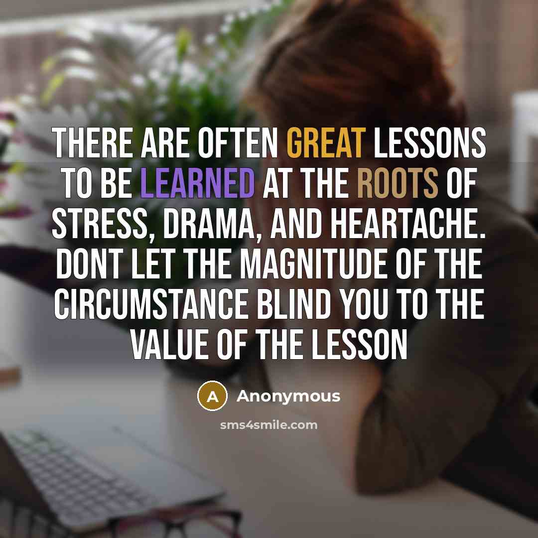“There are often great lessons to be learned at the roots of stress, drama, and heartache. Dont let the magnitude of the circumstance blind you to the value of the lesson” quote by Anonymous