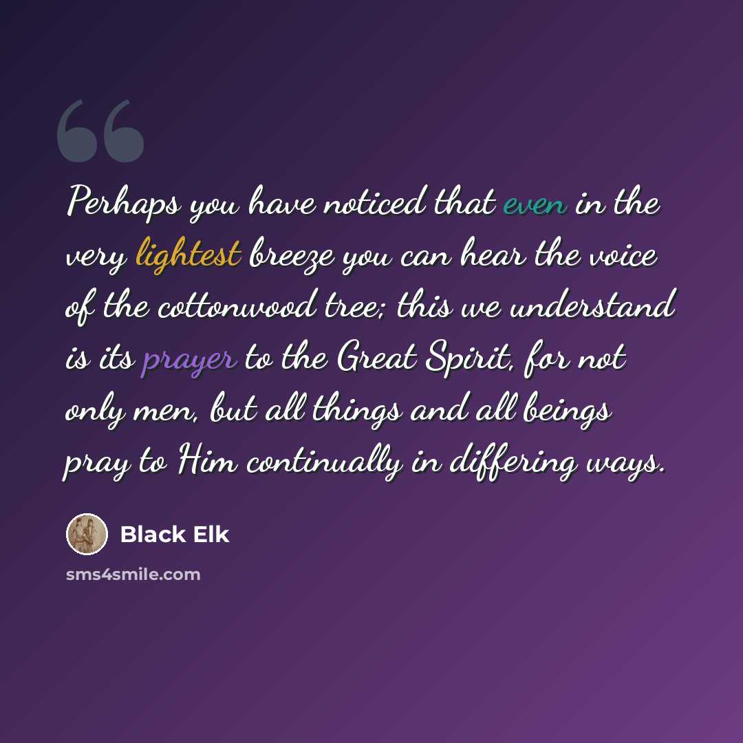 “Perhaps you have noticed that even in the very lightest breeze you can hear the voice of the cottonwood tree; this we understand is its prayer to the Great Spirit, for not only men, but all things and all beings pray to Him continually in differing ways.” quote by Black Elk