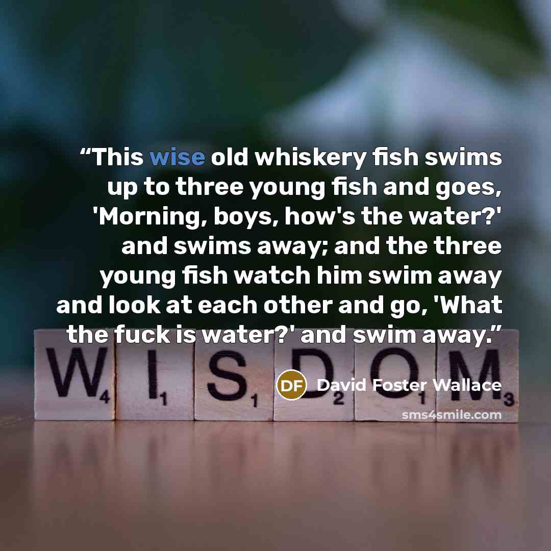 “This wise old whiskery fish swims up to three young fish and goes, 'Morning, boys, how's the water?' and swims away; and the three young fish watch him swim away and look at each other and go, 'What the fuck is water?' and swim away.” quote by David Foster Wallace