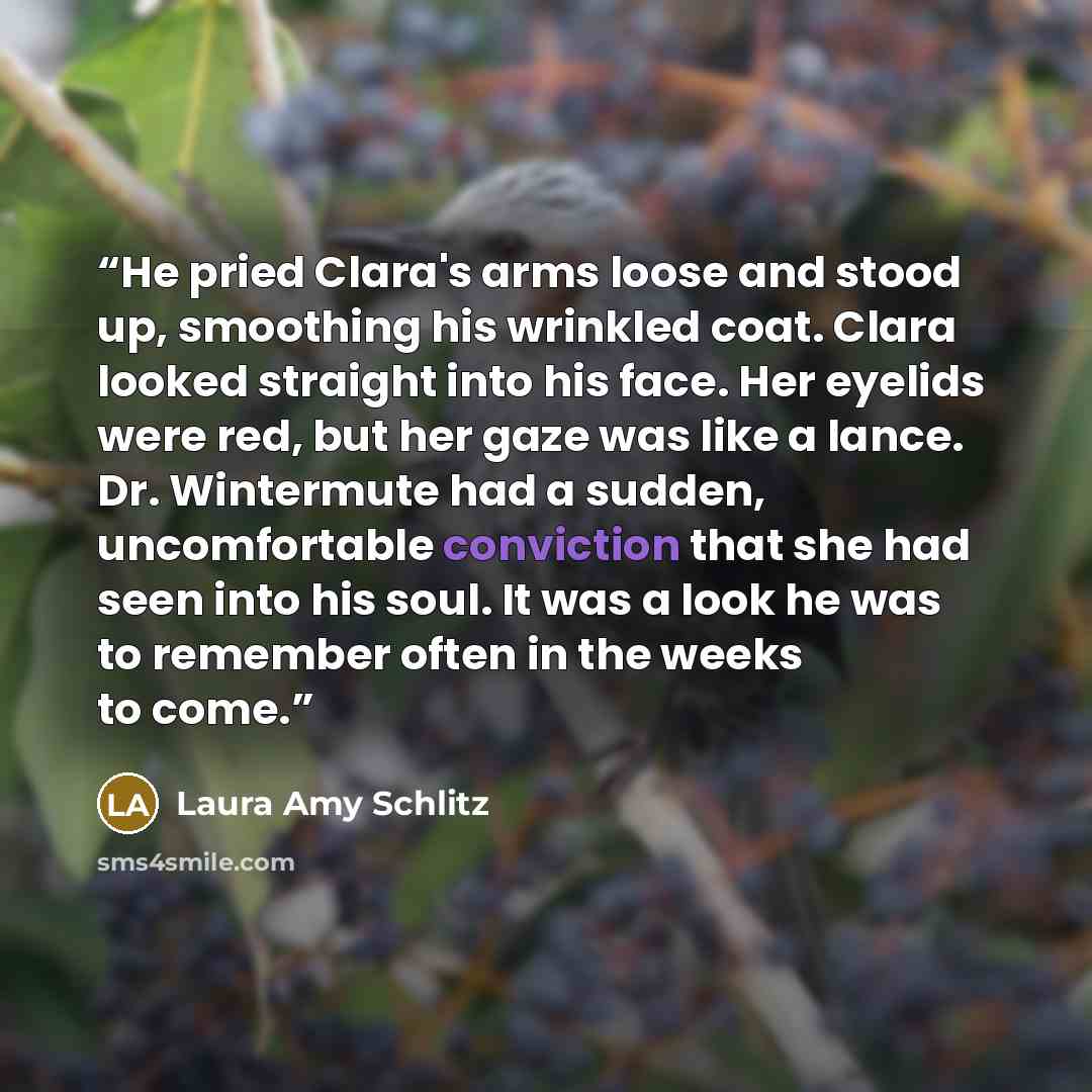 “He pried Clara's arms loose and stood up, smoothing his wrinkled coat. Clara looked straight into his face. Her eyelids were red, but her gaze was like a lance. Dr. Wintermute had a sudden, uncomfortable conviction that she had seen into his soul. It was a look he was to remember often in the…” quote by Laura Amy Schlitz
