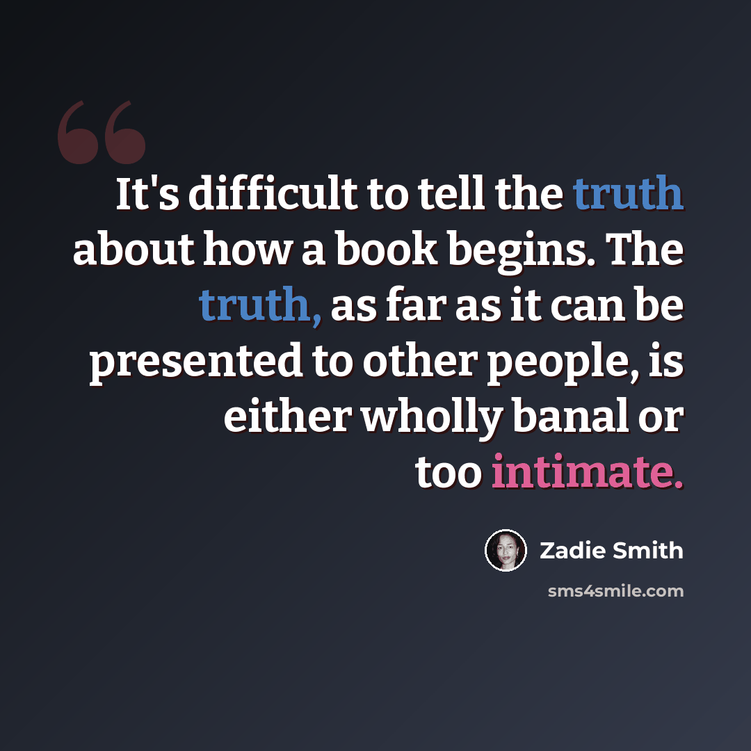 “It's difficult to tell the truth about how a book begins. The truth, as far as it can be presented to other people, is either wholly banal or too intimate.” quote by Zadie Smith