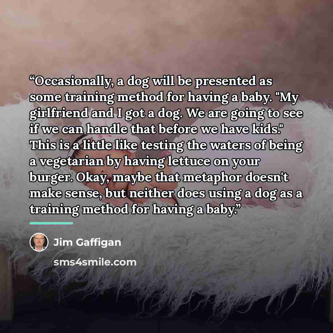 “Occasionally, a dog will be presented as some training method for having a baby. "My girlfriend and I got a dog. We are going to see if we can handle that before we have kids." This is a little like testing the waters of being a vegetarian by having lettuce on your burger. Okay, maybe that…” quote by Jim Gaffigan