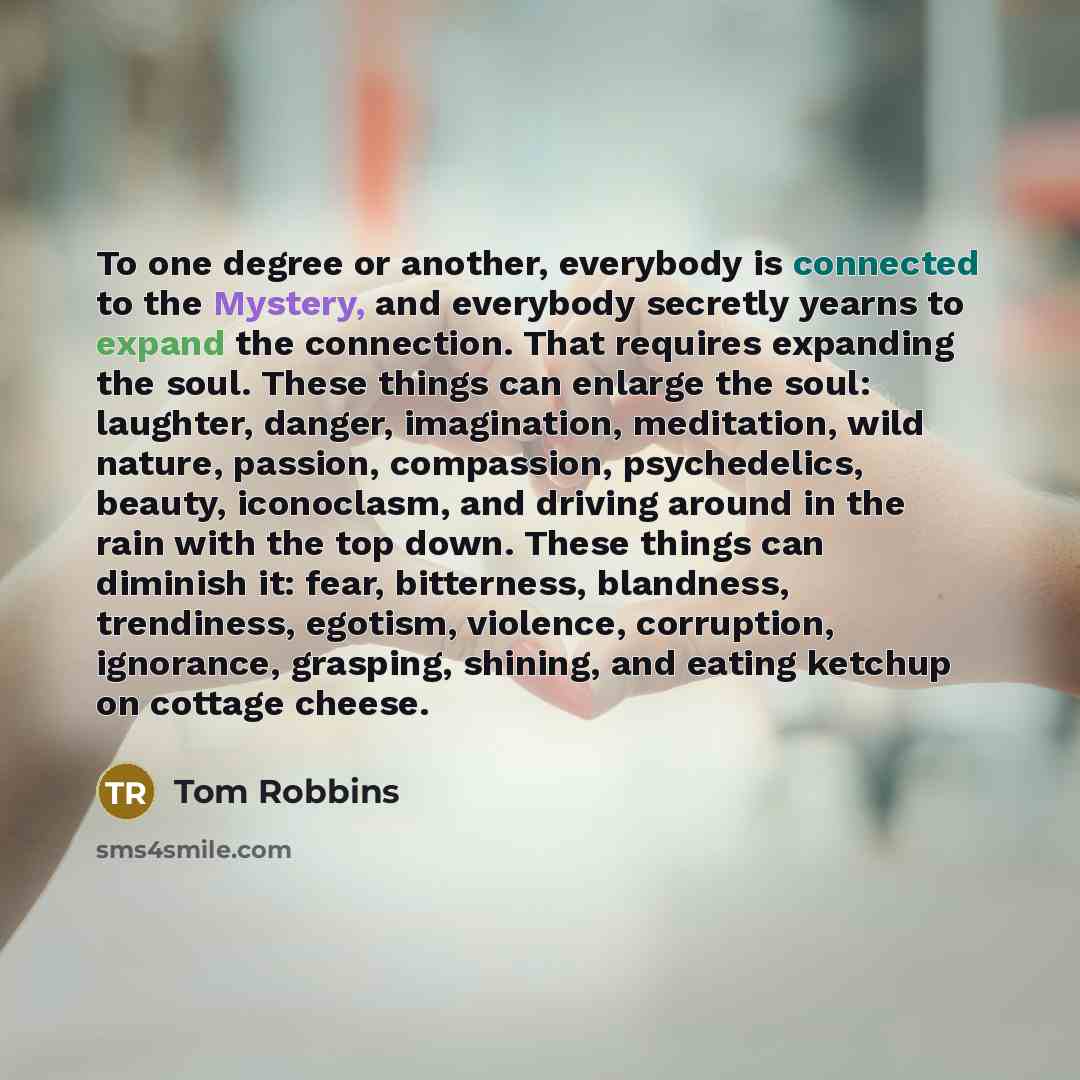 “To one degree or another, everybody is connected to the Mystery, and everybody secretly yearns to expand the connection. That requires expanding the soul. These things can enlarge the soul: laughter, danger, imagination, meditation, wild nature, passion, compassion, psychedelics, beauty…” quote by Tom Robbins