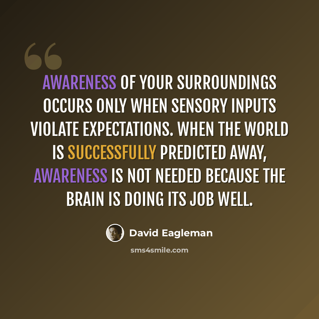 “Awareness of your surroundings occurs only when sensory inputs violate expectations. When the world is successfully predicted away, awareness is not needed because the brain is doing its job well.” quote by David Eagleman