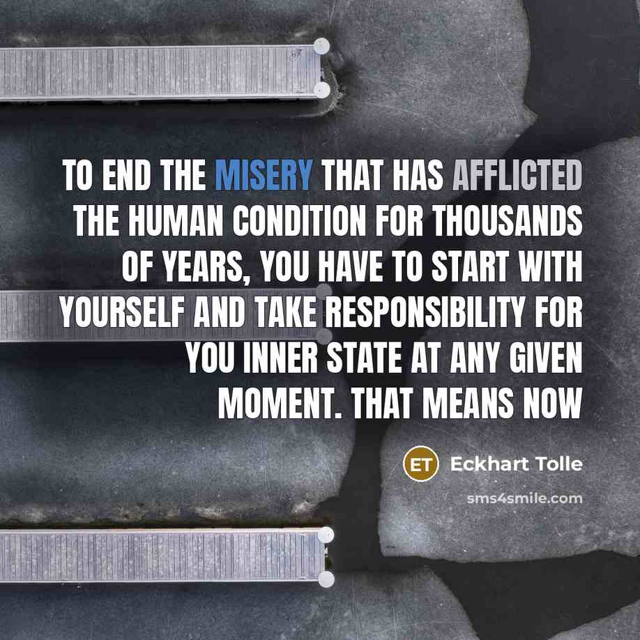 “To end the misery that has afflicted the human condition for thousands of years, you have to start with yourself and take responsibility for you inner state at any given moment. That means now” quote by Eckhart Tolle
