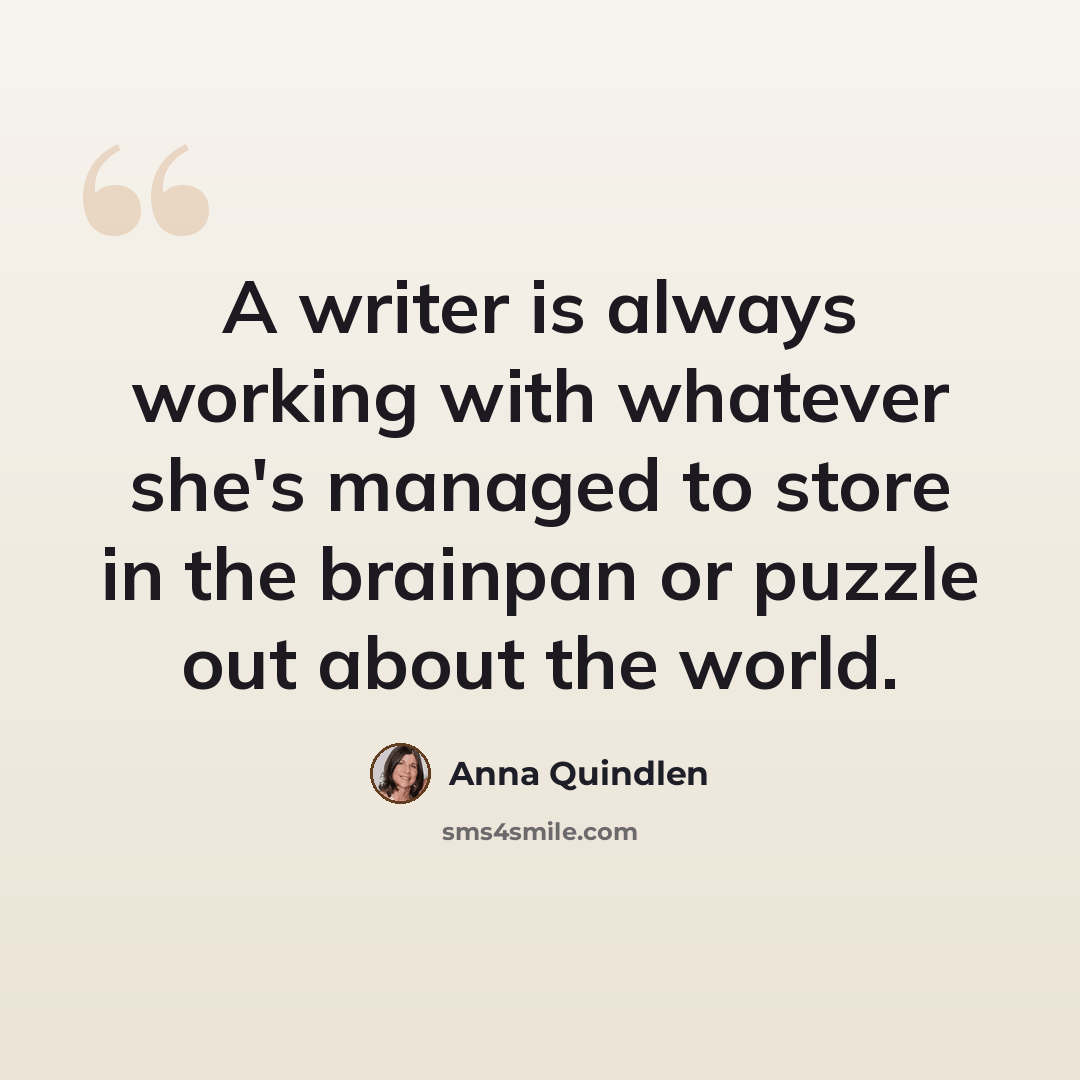 “A writer is always working with whatever she's managed to store in the brainpan or puzzle out about the world.” quote by Anna Quindlen