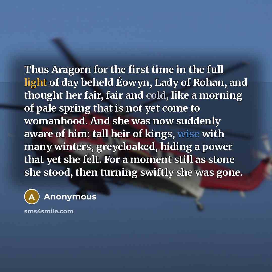 “Thus Aragorn for the first time in the full light of day beheld Éowyn, Lady of Rohan, and thought her fair, fair and cold, like a morning of pale spring that is not yet come to womanhood. And she was now suddenly aware of him: tall heir of kings, wise with many winters, greycloaked, hiding a power…” quote by Anonymous