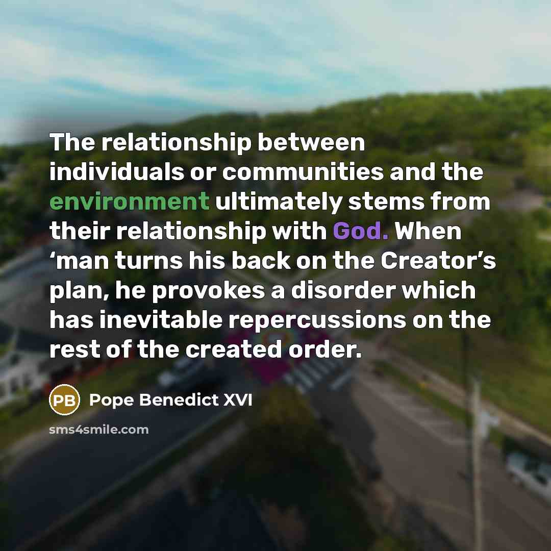 “The relationship between individuals or communities and the environment ultimately stems from their relationship with God. When ‘man turns his back on the Creator’s plan, he provokes a disorder which has inevitable repercussions on the rest of the created order.” quote by Pope Benedict XVI