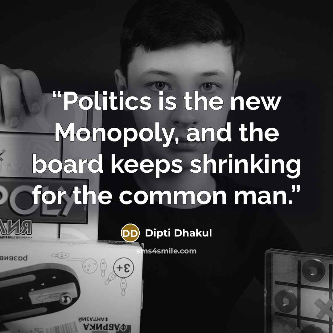 “Politics is the new Monopoly, and the board keeps shrinking for the common man.” quote by Dipti Dhakul