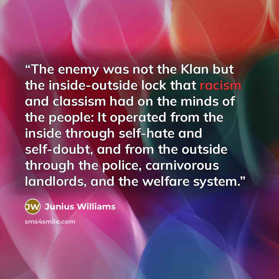 “The enemy was not the Klan but the inside-outside lock that racism and classism had on the minds of the people: It operated from the inside through self-hate and self-doubt, and from the outside through the police, carnivorous landlords, and the welfare system.” quote by Junius Williams