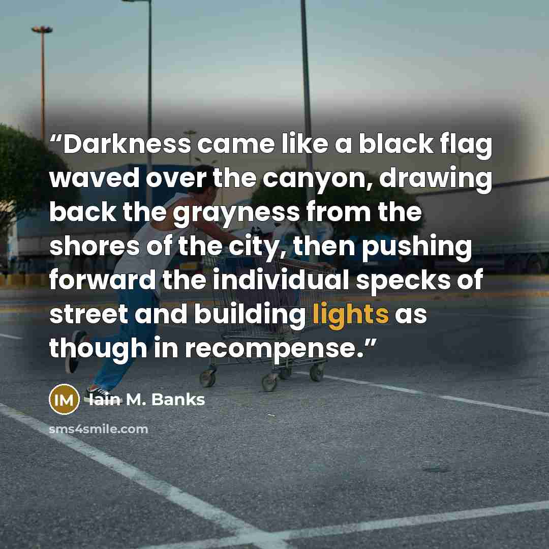 “Darkness came like a black flag waved over the canyon, drawing back the grayness from the shores of the city, then pushing forward the individual specks of street and building lights as though in recompense.” quote by Iain M. Banks