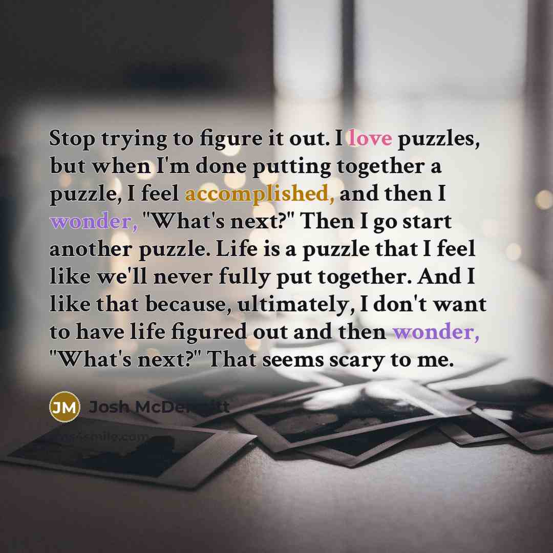 “Stop trying to figure it out. I love puzzles, but when I'm done putting together a puzzle, I feel accomplished, and then I wonder, "What's next?" Then I go start another puzzle. Life is a puzzle that I feel like we'll never fully put together. And I like that because, ultimately, I don't want to…” quote by Josh McDermitt