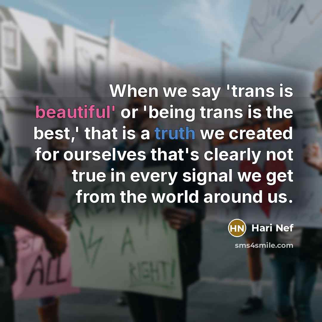 “When we say 'trans is beautiful' or 'being trans is the best,' that is a truth we created for ourselves that's clearly not true in every signal we get from the world around us.” quote by Hari Nef