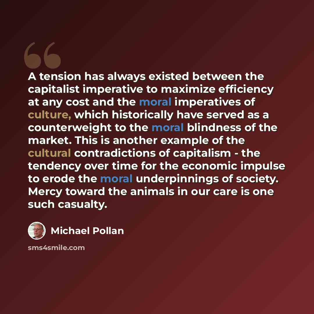 “A tension has always existed between the capitalist imperative to maximize efficiency at any cost and the moral imperatives of culture, which historically have served as a counterweight to the moral blindness of the market. This is another example of the cultural contradictions of capitalism - the…” quote by Michael Pollan