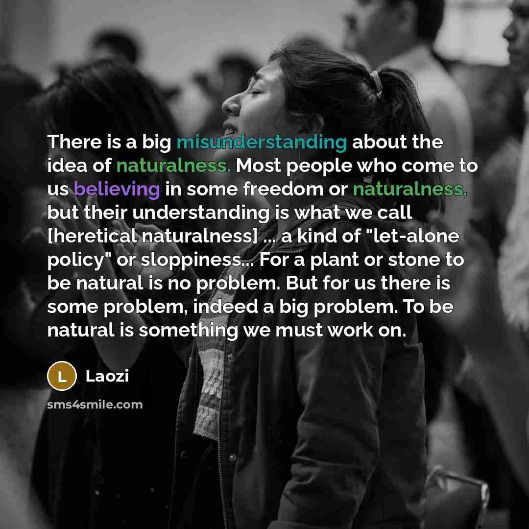 “There is a big misunderstanding about the idea of naturalness. Most people who come to us believing in some freedom or naturalness, but their understanding is what we call [heretical naturalness] ... a kind of "let-alone policy" or sloppiness... For a plant or stone to be natural is no problem…” quote by Laozi