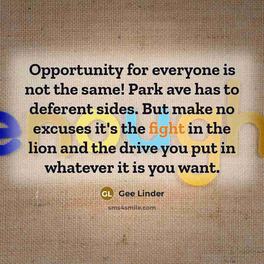 “Opportunity for everyone is not the same! Park ave has to deferent sides. But make no excuses it's the fight in the lion and the drive you put in whatever it is you want.” quote by Gee Linder