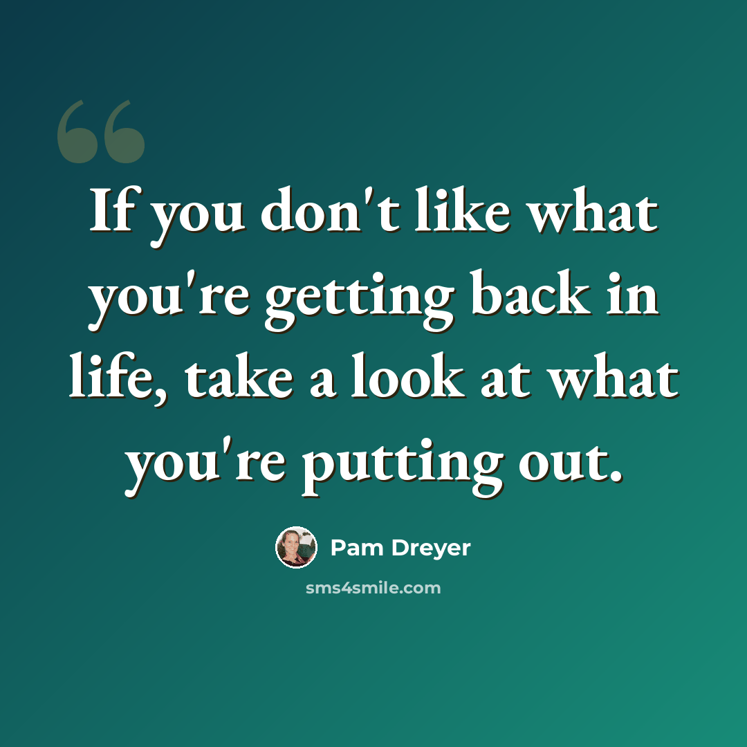 “If you don't like what you're getting back in life, take a look at what you're putting out.” quote by Pam Dreyer
