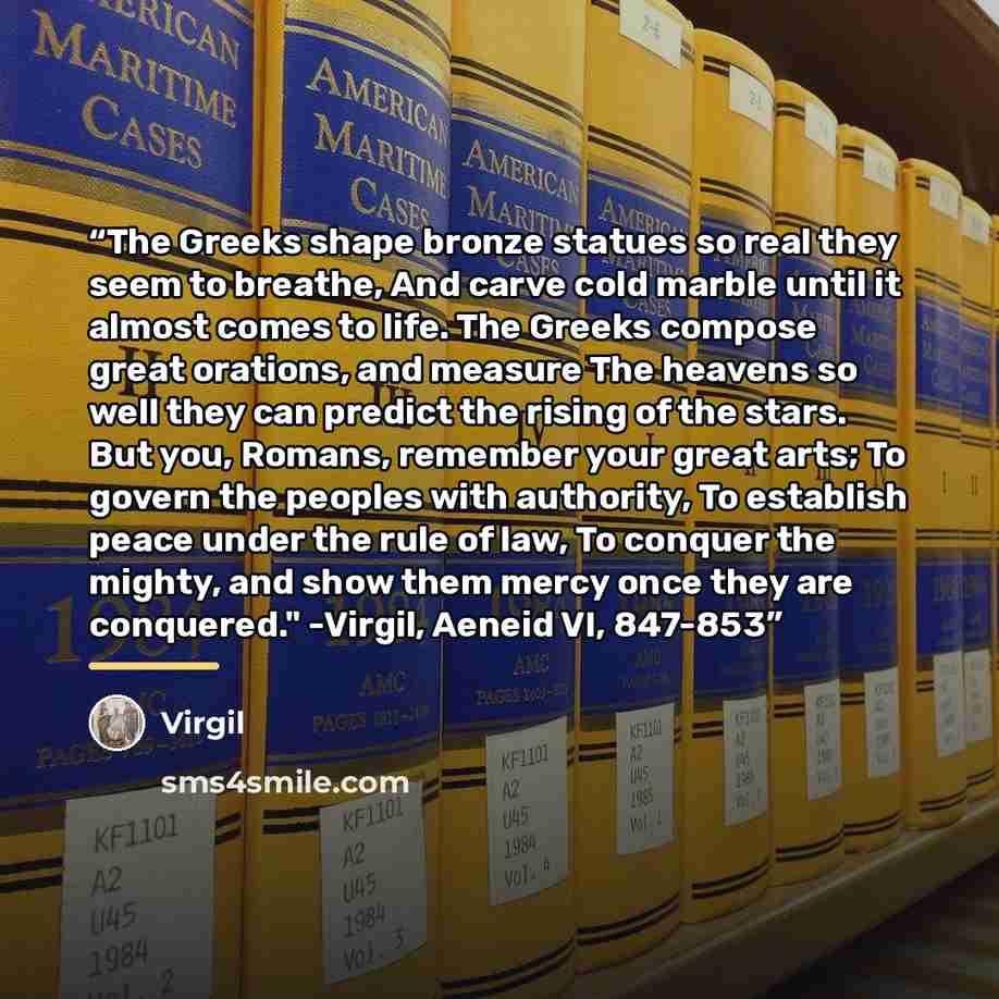 “The Greeks shape bronze statues so real they seem to breathe, And carve cold marble until it almost comes to life. The Greeks compose great orations, and measure The heavens so well they can predict the rising of the stars. But you, Romans, remember your great arts; To govern the peoples with…” quote by Virgil