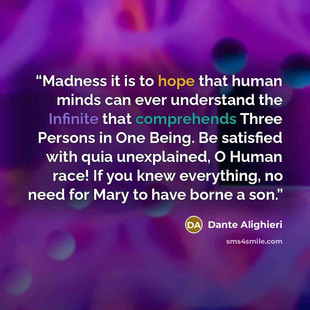 “Madness it is to hope that human minds can ever understand the Infinite that comprehends Three Persons in One Being. Be satisfied with quia unexplained, O Human race! If you knew everything, no need for Mary to have borne a son.” quote by Dante Alighieri