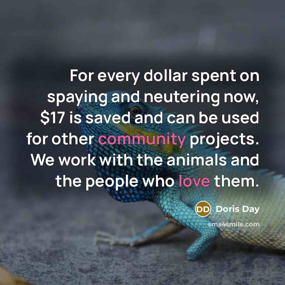 “For every dollar spent on spaying and neutering now, $17 is saved and can be used for other community projects. We work with the animals and the people who love them.” quote by Doris Day
