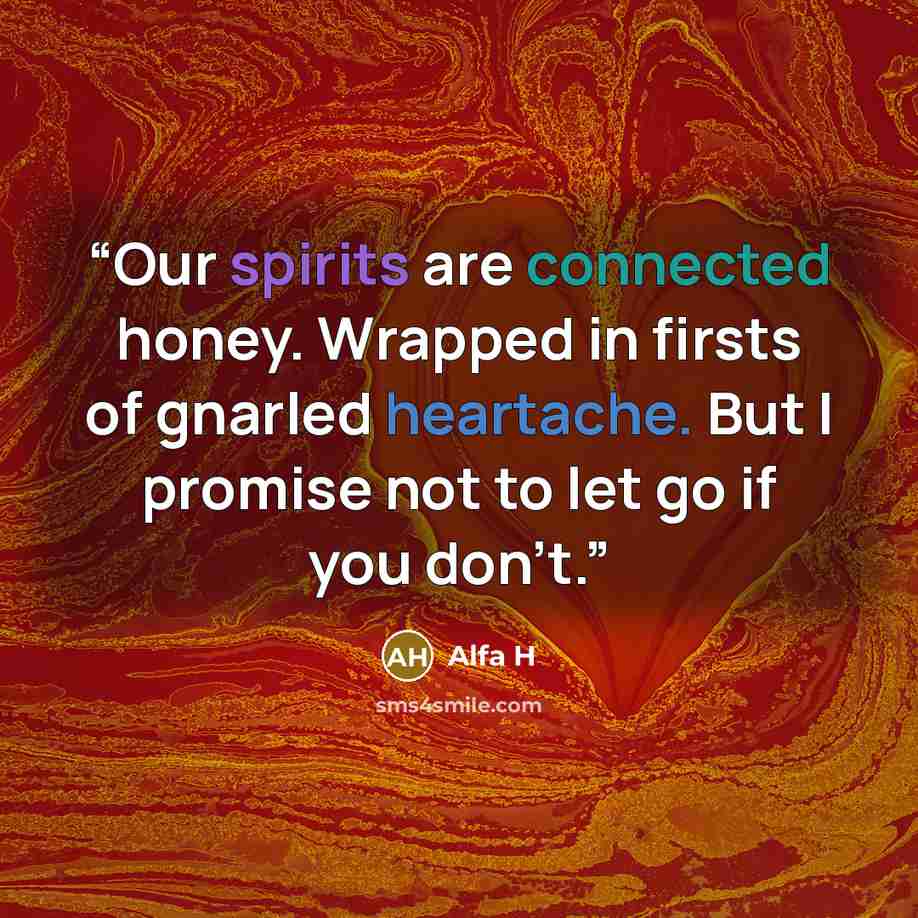 “Our spirits are connected honey. Wrapped in firsts of gnarled heartache. But I promise not to let go if you don't.” quote by Alfa H