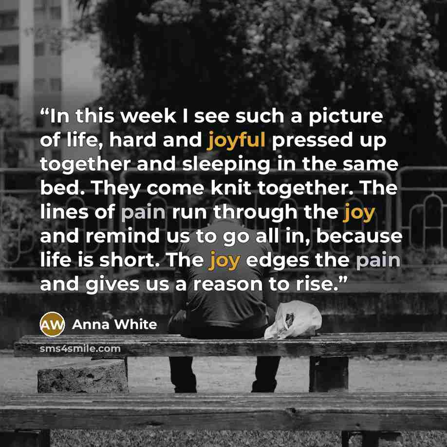 “In this week I see such a picture of life, hard and joyful pressed up together and sleeping in the same bed. They come knit together. The lines of pain run through the joy and remind us to go all in, because life is short. The joy edges the pain and gives us a reason to rise.” quote by Anna White