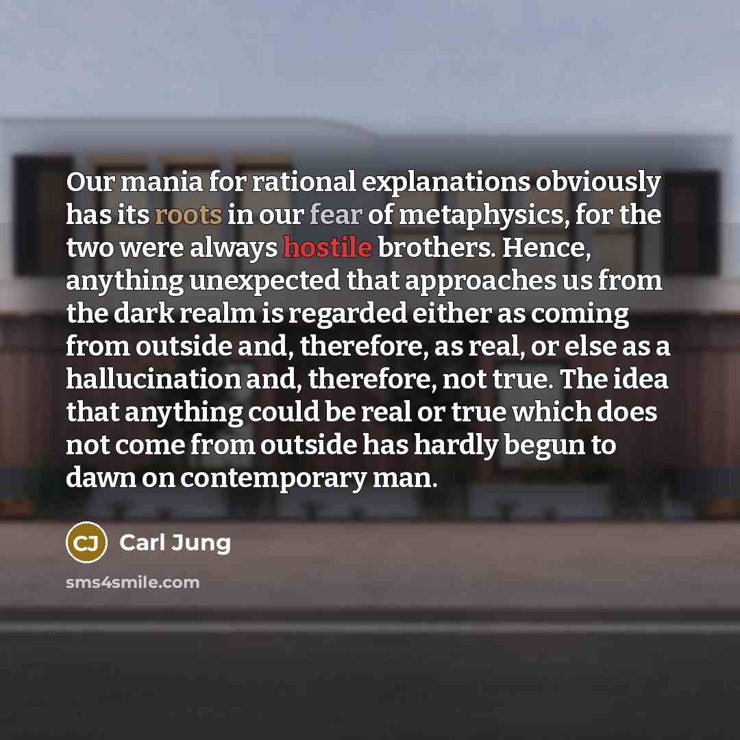 “Our mania for rational explanations obviously has its roots in our fear of metaphysics, for the two were always hostile brothers. Hence, anything unexpected that approaches us from the dark realm is regarded either as coming from outside and, therefore, as real, or else as a hallucination and…” quote by Carl Jung
