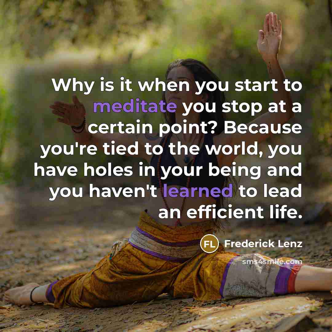 “Why is it when you start to meditate you stop at a certain point? Because you're tied to the world, you have holes in your being and you haven't learned to lead an efficient life.” quote by Frederick Lenz