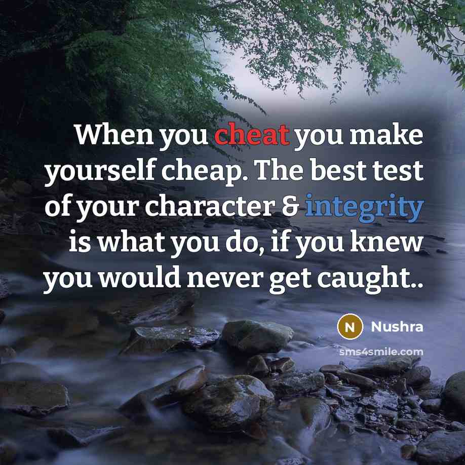 “When you cheat you make yourself cheap. The best test of your character & integrity is what you do, if you knew you would never get caught..” quote by Nushra