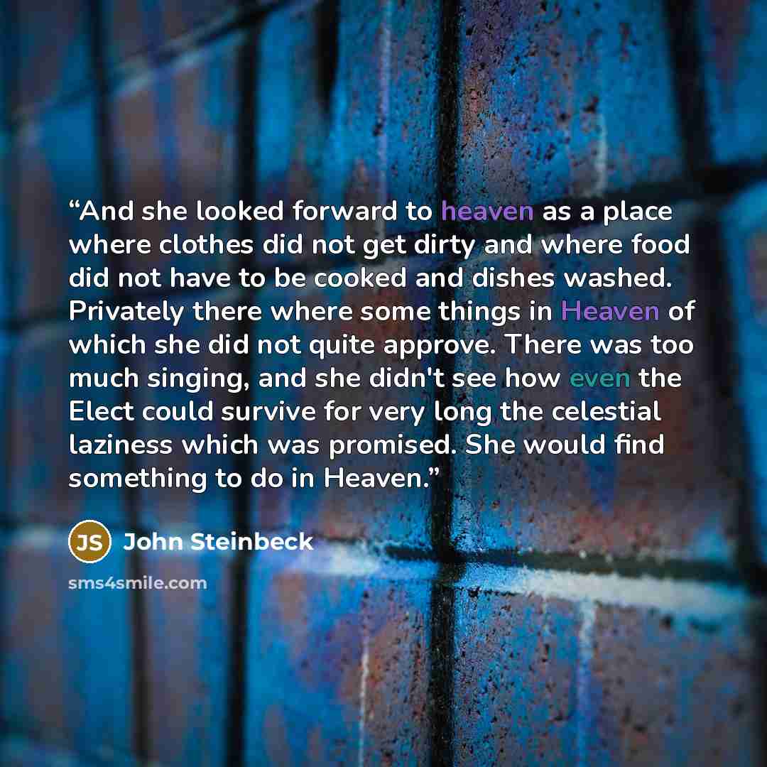 “And she looked forward to heaven as a place where clothes did not get dirty and where food did not have to be cooked and dishes washed. Privately there where some things in Heaven of which she did not quite approve. There was too much singing, and she didn't see how even the Elect could survive…” quote by John Steinbeck