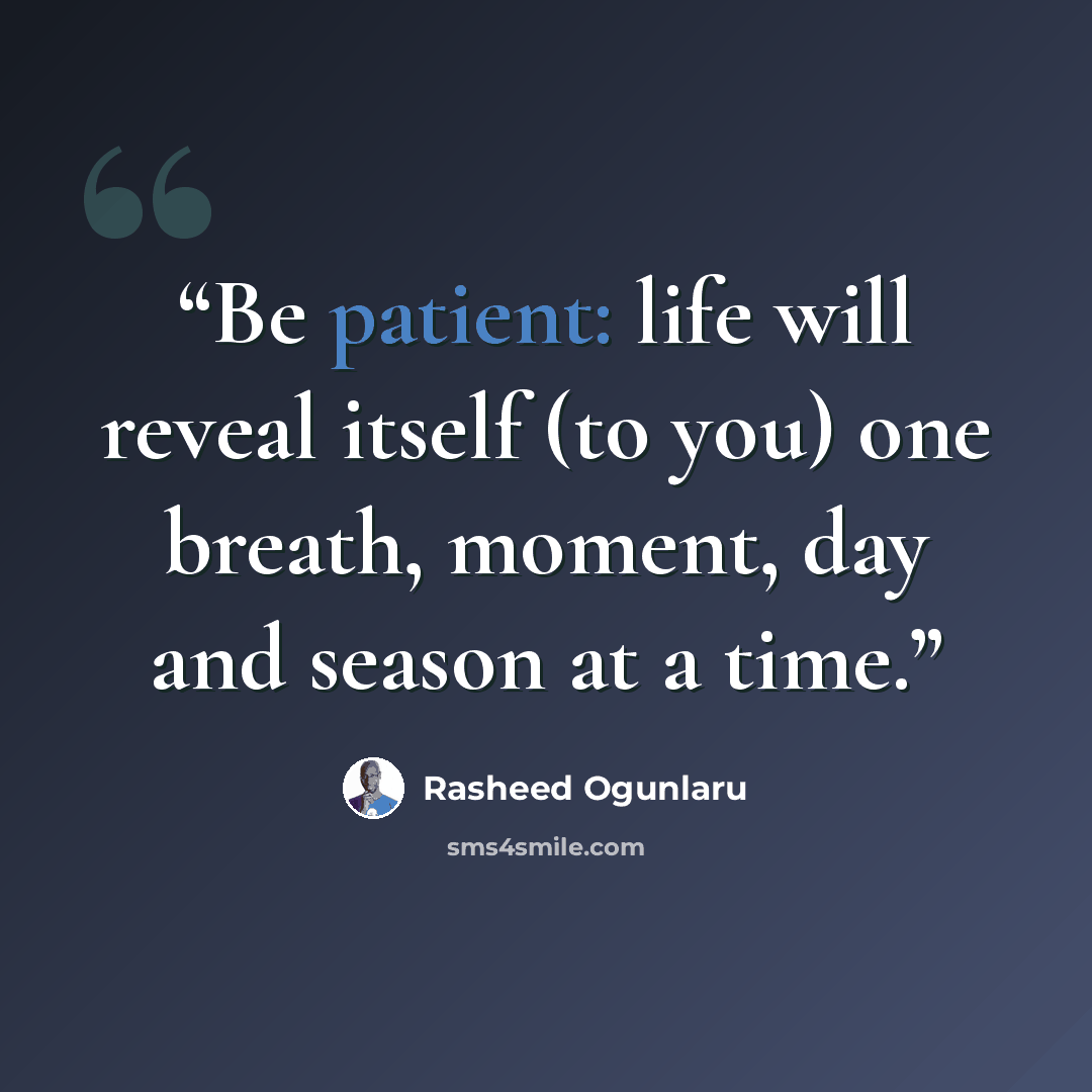“Be patient: life will reveal itself (to you) one breath, moment, day and season at a time.” quote by Rasheed Ogunlaru