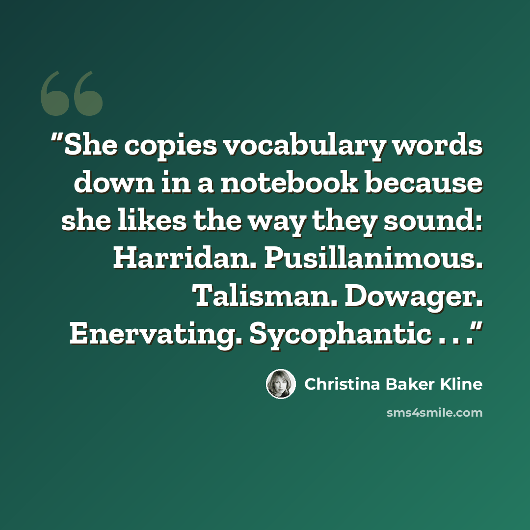 “She copies vocabulary words down in a notebook because she likes the way they sound: Harridan. Pusillanimous. Talisman. Dowager. Enervating. Sycophantic . . .” quote by Christina Baker Kline