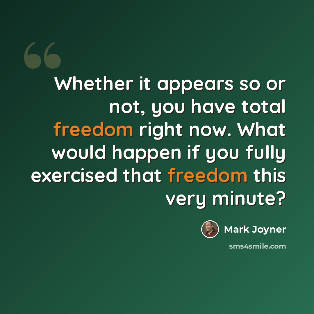 “Whether it appears so or not, you have total freedom right now. What would happen if you fully exercised that freedom this very minute?” quote by Mark Joyner
