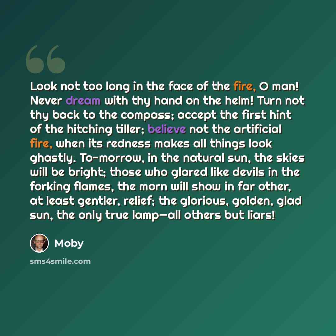 “Look not too long in the face of the fire, O man! Never dream with thy hand on the helm! Turn not thy back to the compass; accept the first hint of the hitching tiller; believe not the artificial fire, when its redness makes all things look ghastly. To-morrow, in the natural sun, the skies will be…” quote by Moby