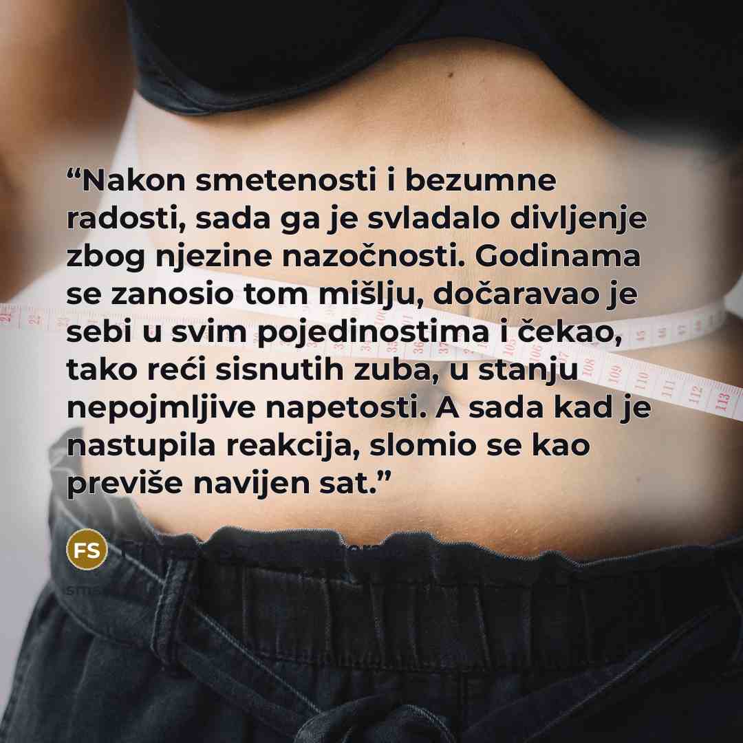 “Nakon smetenosti i bezumne radosti, sada ga je svladalo divljenje zbog njezine nazočnosti. Godinama se zanosio tom mišlju, dočaravao je sebi u svim pojedinostima i čekao, tako reći sisnutih zuba, u stanju nepojmljive napetosti. A sada kad je nastupila reakcija, slomio se kao previše navijen sat.” quote by Frances Scott Fitzgerald